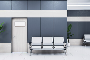 Corporate waiting room with blank signboards, blue and grey palette. Interior concept. 3D Rendering