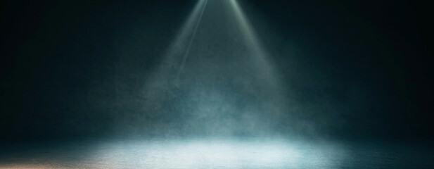 Spotlight illuminating an empty stage with smoke and dark background, mysterious atmosphere. 3D Rendering