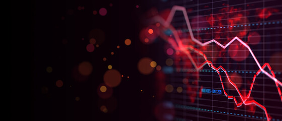 Red and white graph depicting a financial downturn on a dark digital screen background, concept of a market crash. 3D Rendering