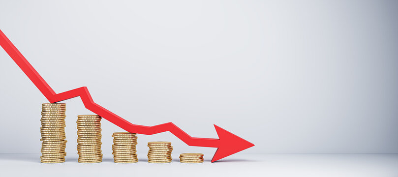 Stacks of coins with a red arrow pointing down indicating a financial crisis, set on a plain white background, representing the concept of economic downturn. 3D Rendering