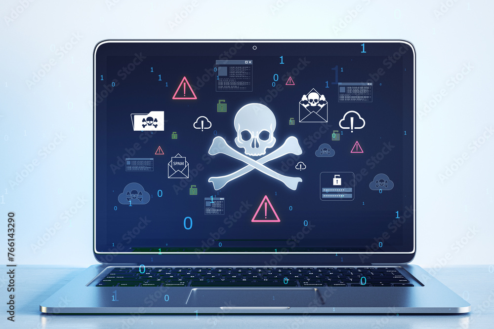 Aufkleber laptop displaying various cybersecurity icons and a skull and crossbones symbol, on a blue gradient 
