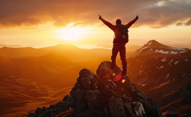 A mid-distance shot of a hiker reaching the summit of a mountain at dawn, celebrating personal achievement and the great outdoors.