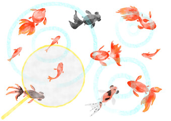 水彩画風で手書きの金魚セット　水面とポイ付き
