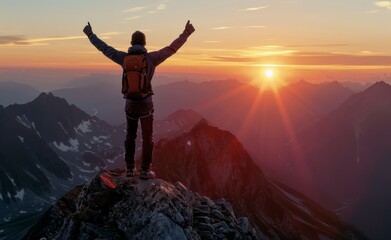 A mid-distance shot of a hiker reaching the summit of a mountain at dawn, celebrating personal achievement and the great outdoors. - obrazy, fototapety, plakaty