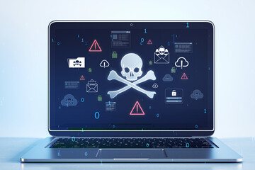 Laptop displaying various cybersecurity icons and a skull and crossbones symbol, on a blue gradient background, concept of cyber threats. 3D Rendering