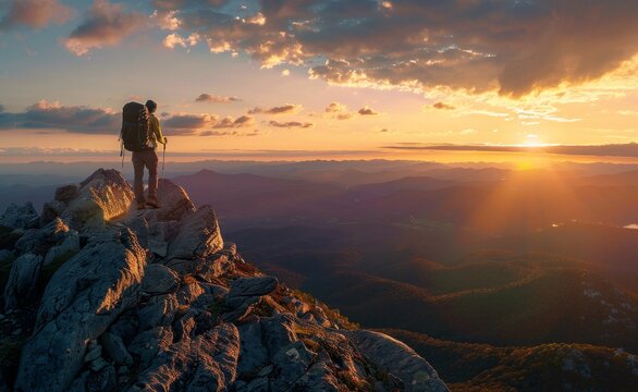 A mid-distance shot of a hiker reaching the summit of a mountain at dawn, celebrating personal achievement and the great outdoors.