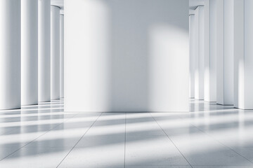 Fototapeta premium A minimalist white gallery space with columns, light and shadows on the floor, modern design. 3D Rendering