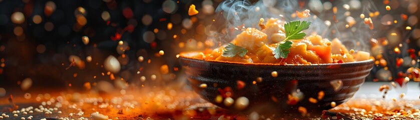 Aromatic stew with chunks of tender meat and vegetables steams enticingly, amidst a dynamic explosion of spices and vibrant splashes. - obrazy, fototapety, plakaty
