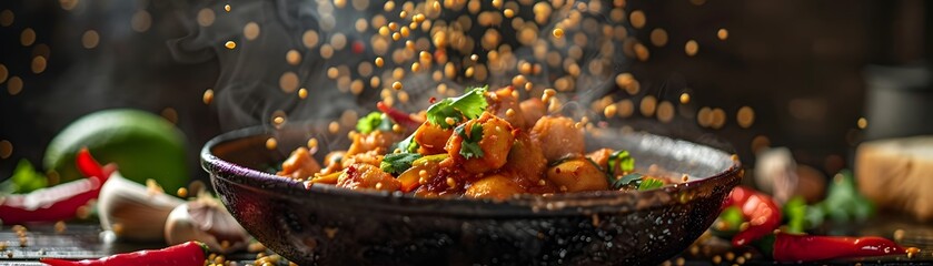 Amidst a dynamic explosion of spices and vibrant splashes, aromatic stew with chunks of tender meat and vegetables steams enticingly. - obrazy, fototapety, plakaty