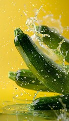 Fresh zucchini is depicted as if floating effortlessly, surrounded by lively water splashes, against the backdrop of bokeh lights, evoking a sense of wonder and magic.