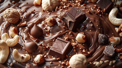 A textured culinary delight is crafted from indulgent dark chocolate, featuring a medley of whole nuts, chocolate pieces, and swirling melted chocolate. - obrazy, fototapety, plakaty