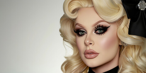 Glamorous Portrait of a Drag Queen.
An elegant drag queen with impeccable makeup and voluminous blond hair poses, radiating confidence and glamour in a high-fashion look. Copy Space
