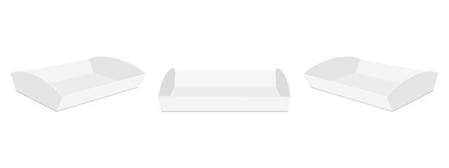 Empty Paper Tray Boxes Mockup With Arc Edges, Front Side View, Isolated On White Background. Vector Illustration