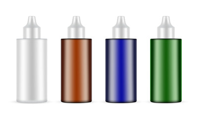 Set Of Blank Plastic Dropper Bottle For Skin Care Serum. Gray, Amber, Green, Blue Mockups, Isolated On White Background. Vector Illustration