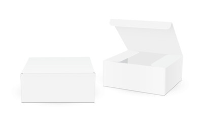 Two Blank Packaging Boxes, Opened And Closed Mockup, Isolated On White Background. Vector Illustration