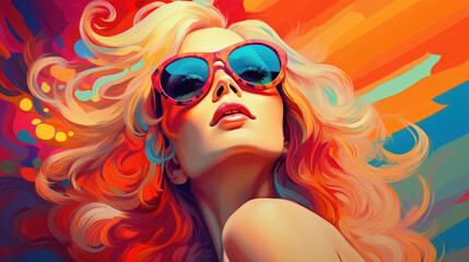 Closeup illustration of happy fair haired woman wearing sunglasses with her short curly hair and smiling, enjoying the summer season outside. - obrazy, fototapety, plakaty