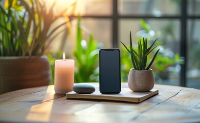 A minimalist shot of a meditation app on a smartphone, surrounded by a plant and a candle, integrating technology with mindfulness practices.