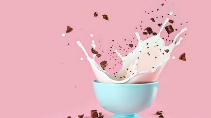cocoa cereal falling into blue bowl with splashing milk on pink background.