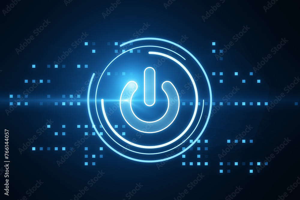 Poster a blue neon power button symbol, digital tech design, on a dark cyberspace style background, concept
