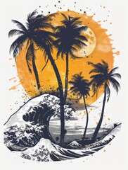 A painting depicting palm trees against a crashing wave, capturing the dynamic energy of the sea meeting the shoreline