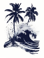 A black and white drawing featuring two palm trees standing tall against a clear sky
