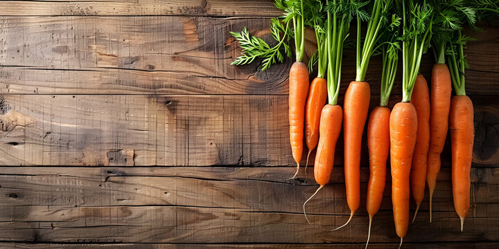 bunch of carrots on wooden background, generative ai