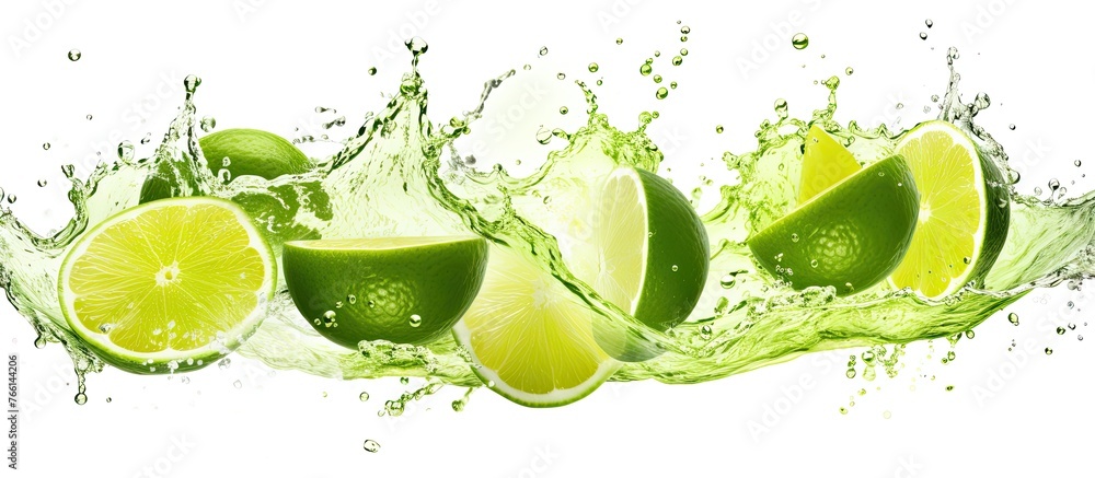 Poster limes are falling into a splash of water on a white surface, creating a refreshing image of food and