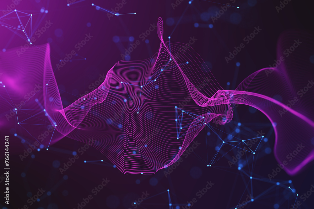 Aufkleber Abstract neon lines and dots forming a wave like pattern on a dark blue background, conceptualizing a digital cyberspace. 3D Rendering
