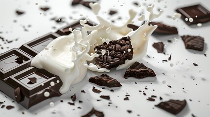 Delicious splashes of milk and chocolate on white background