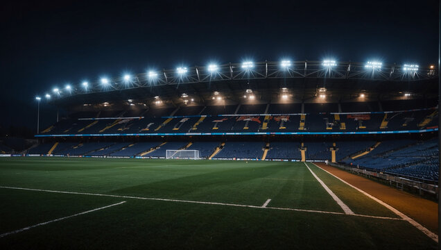 A night time photo of an empty football stadium.