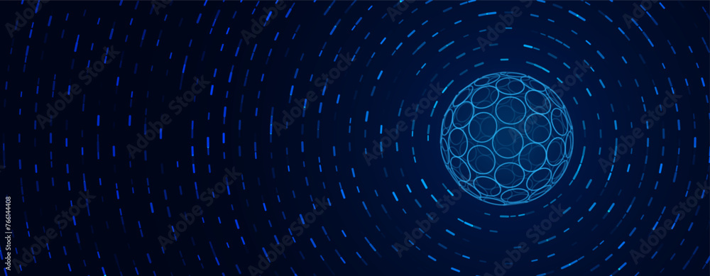 Poster Circle Lines on 3D Spheres. Global Digital Connections. 3D Wireframe Sphere Symbols Illustration. Abstract 3D Design. Technology Science Style Vector Background.