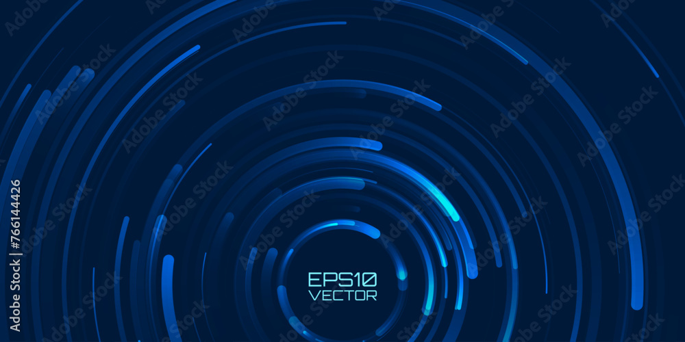 Poster Blue Circular Geometric Vortex. Abstract Circular Swirl Lines. Moving Concentric Circles Vector Background. Orbit Gradient Vector Illustration.