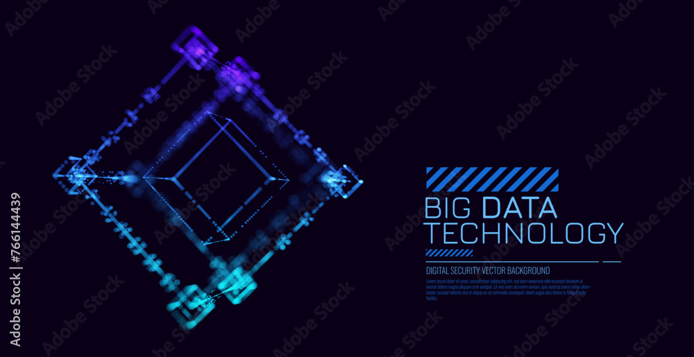 Poster Big Data Cube Quantum Computer Server Concept Background. Light Dots with Depth of Field Effect. Data Sorting. Business Server Security Artificial Intelligence HUD Design Element.