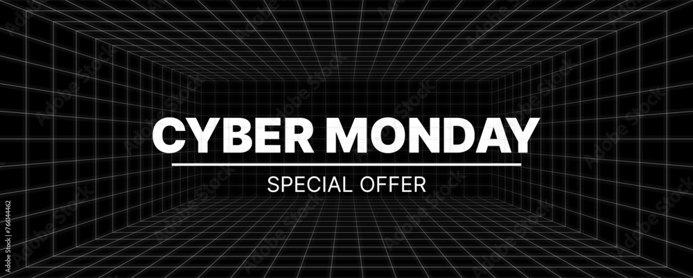 Poster cyber monday special offer text 3d wireframe room on the black background. vector perspective grid. 