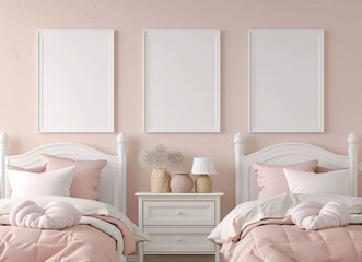 Fototapeta na wymiar Frame mockup, Empty Picture Frame Mockup in Modern Bedroom with White Bedding, high-resolution (300 DPI)