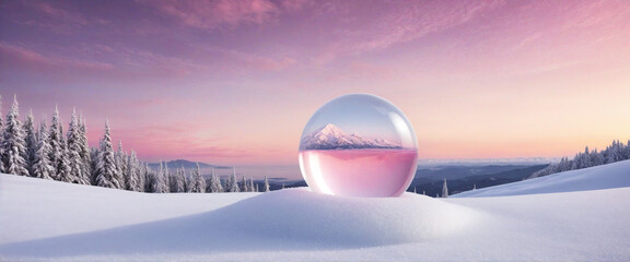 Abstract winter scene with crystal ball on snow mountain and pink sky for product display advertising colourful background