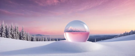 Fotobehang Abstract winter scene with crystal ball on snow mountain and pink sky for product display advertising colourful background © Fukurou