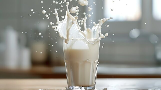 Fresh milk pouring into glass creating splashes on a transparent background