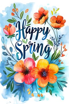 Happy Spring Sign Watercolor style with pretty colorful flowers