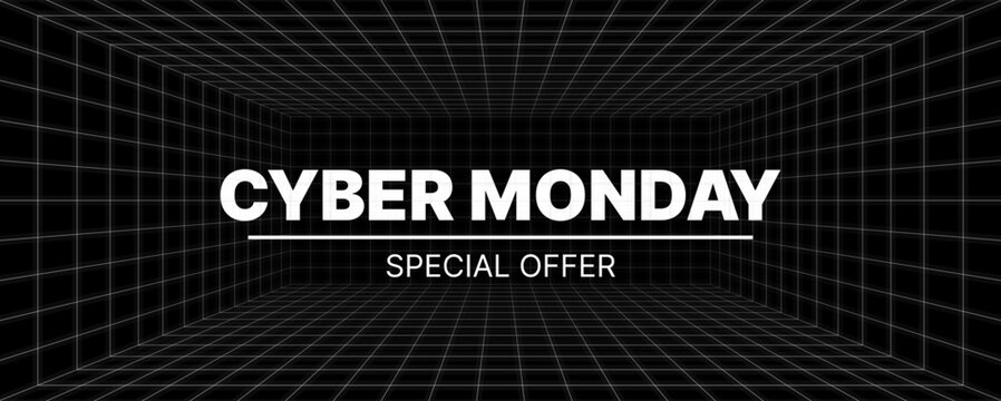 Cyber Monday Special Offer Text 3D Wireframe Room on the Black Background. Vector Perspective Grid. Futuristic VR Game Geometric Backdrop. Box with Digital Cyber Monday Space.