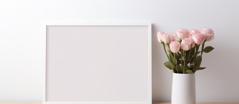 A simple arrangement of pink flowers inside a vase placed on a picture frame positioned adjacent to a clean white wall