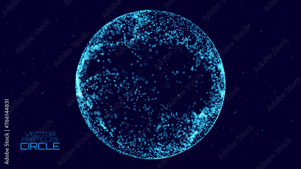 Poster 3D Particles Sphere Technology Background. Blurry Dots Micro World Abstract Technology Science Sphere. Tech Orb Vector Illustration.