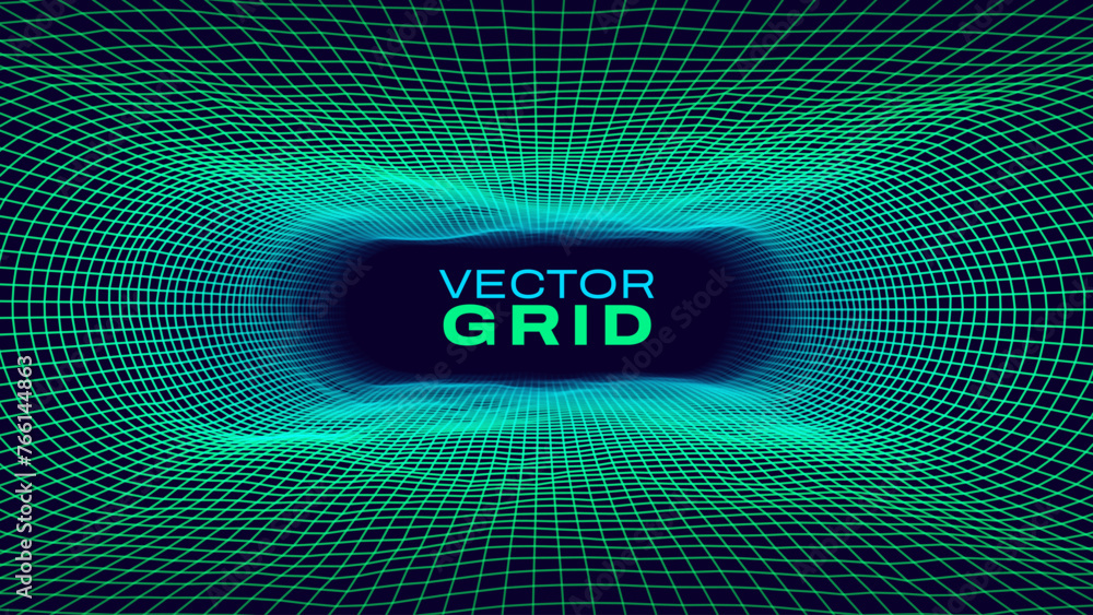 Fototapete Synthwave Grid Tunnel. Grid Frame Retrowave Party Flyer Background. Round Tunnel Mesh Backdrop. Abstract Digital Background. Vintage Computer Virtual Reality VR Tunnel Technology Vector Illustration.