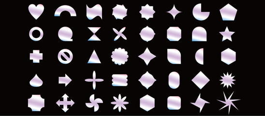 Metallic holographic chromatic shape geometry stars, flowers, and other simple geometric shapes. Trendy collection of vector abstract figures with a shiny metallic effect