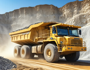 Massive yellow mining truck with mining truck, yellow, massive, industrial, heavy machinery, mining, transportation, dusty, quarry in a quarry during operation