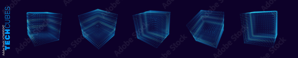 Poster Set of Blue Technology Cubes. Hi-Tech Grid Style Wireframe 3D Forms. Round Cubes. Artificial Intelligence HUD Design Element. Cloud Computing Server Technology Concept. Vector Illustration.