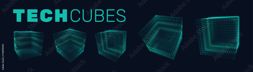 Poster Set of Blue Technology Cubes. Hi-Tech Grid Style Wireframe 3D Forms. Round Cubes. Artificial Intelligence HUD Design Element. Cloud Computing Server Technology Concept. Vector Illustration.