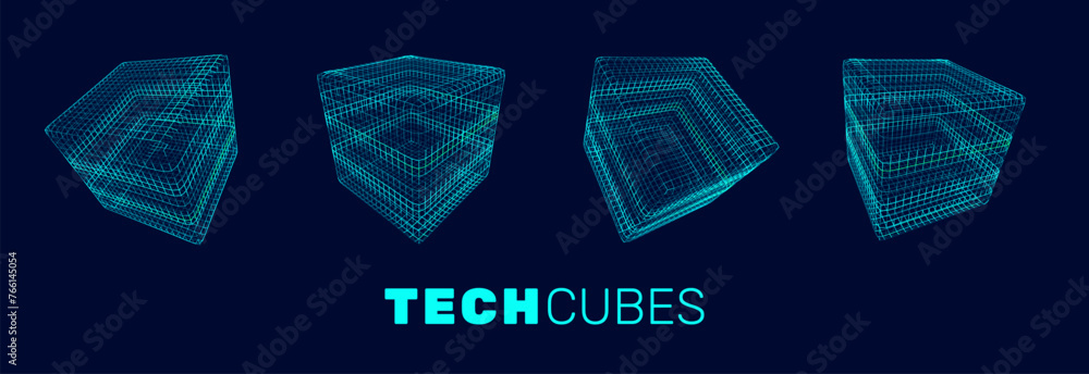 Aufkleber Set of Blue Technology Cubes. Hi-Tech Grid Style Wireframe 3D Forms. Round Cubes. Artificial Intelligence HUD Design Element. Cloud Computing Server Technology Concept. Vector Illustration.