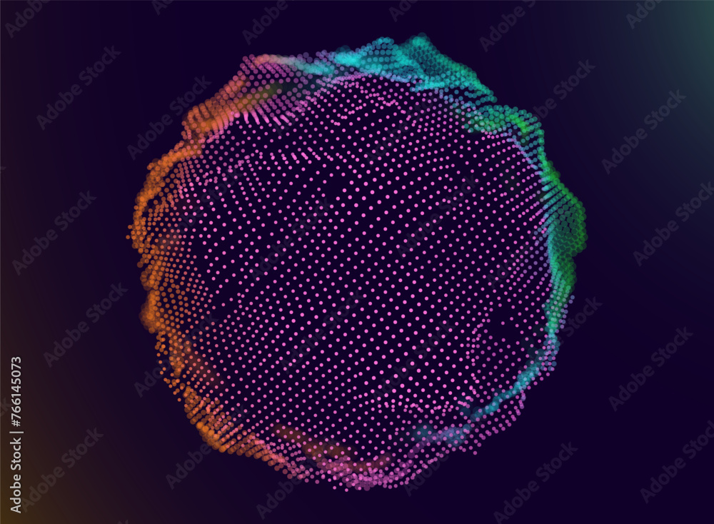 Poster Abstract Grid Noise Sphere on Dark Background. Futuristic Style 3D Sphere Dots. Background for Music or Technology Event or Presentation. Vector Illustration.