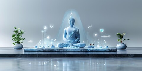 Whimsical 3D render cute illustration of a serene, meditating figure surrounded by floating, pastel-colored productivity tools and health icons, set against a soothing, gradient background - obrazy, fototapety, plakaty